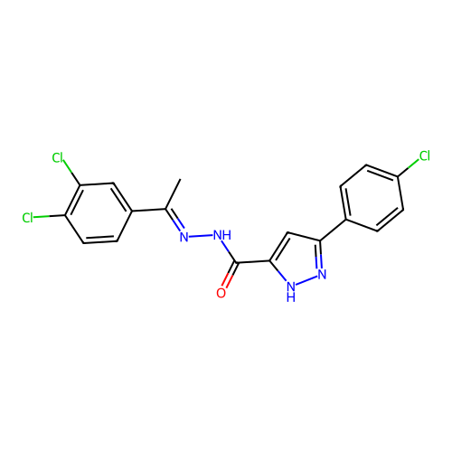 3-(4-chlorophenyl)-N'-[(1E)-1-(3,4-dichlorophenyl)ethylidene]-1H-pyrazole-5-carbohydrazide structure