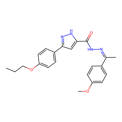 (Z)-N'-(1-(4-methoxyphenyl)ethylidene)-3-(4-propoxyphenyl)-1H-pyrazole-5-carbohydrazide structure