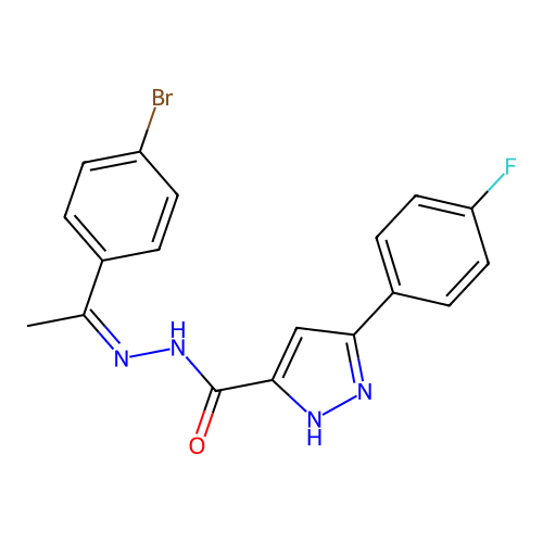 (Z)-N'-(1-(4-bromophenyl)ethylidene)-3-(4-fluorophenyl)-1H-pyrazole-5-carbohydrazide structure