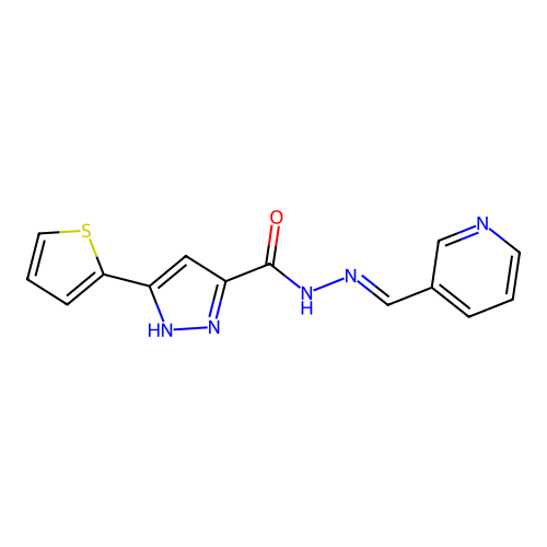 (E)-N'-(pyridin-3-ylmethylene)-3-(thiophen-2-yl)-1H-pyrazole-5-carbohydrazide structure