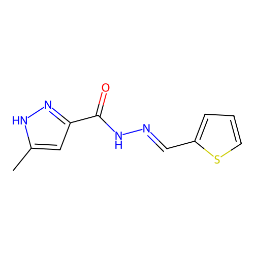 3-methyl-N'-[(E)-thiophen-2-ylmethylidene]-1H-pyrazole-5-carbohydrazide structure