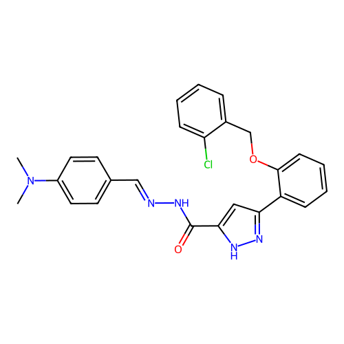 (E)-3-(2-((2-chlorobenzyl)oxy)phenyl)-N'-(4-(dimethylamino)benzylidene)-1H-pyrazole-5-carbohydrazide structure