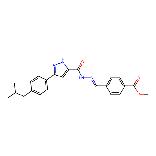 (E)-methyl 4-((2-(3-(4-isobutylphenyl)-1H-pyrazole-5-carbonyl)hydrazono)methyl)benzoate structure