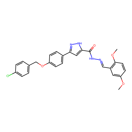 (E)-3-(4-((4-chlorobenzyl)oxy)phenyl)-N'-(2,5-dimethoxybenzylidene)-1H-pyrazole-5-carbohydrazide structure