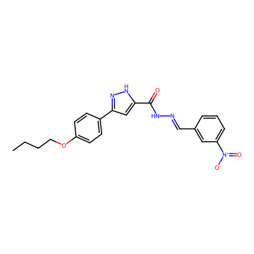 (E)-3-(4-butoxyphenyl)-N'-(3-nitrobenzylidene)-1H-pyrazole-5-carbohydrazide structure
