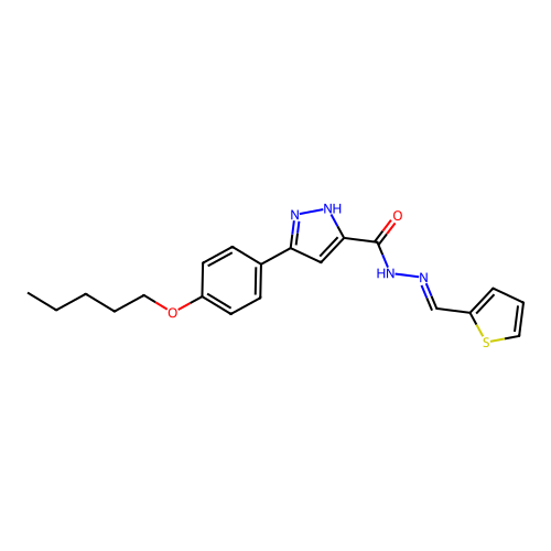 3-[4-(pentyloxy)phenyl]-N'-[(E)-thiophen-2-ylmethylidene]-1H-pyrazole-5-carbohydrazide structure