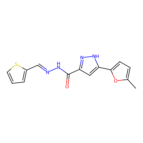 3-(5-methyl-2-furyl)-N'-[(E)-2-thienylmethylidene]-1H-pyrazole-5-carbohydrazide structure