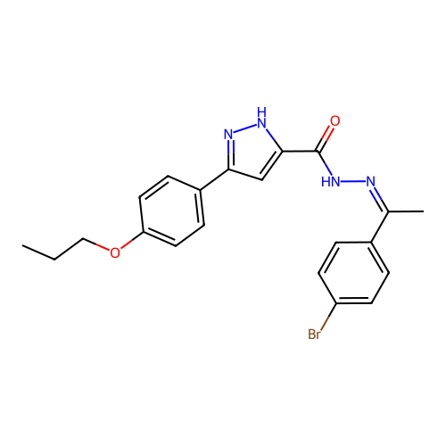 (Z)-N'-(1-(4-bromophenyl)ethylidene)-3-(4-propoxyphenyl)-1H-pyrazole-5-carbohydrazide structure