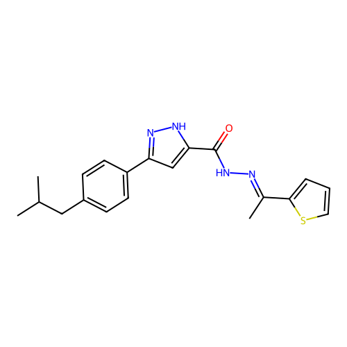 3-[4-(2-methylpropyl)phenyl]-N'-[(1E)-1-(thiophen-2-yl)ethylidene]-1H-pyrazole-5-carbohydrazide structure