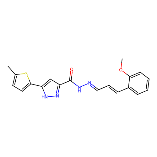 N'-[(1E,2E)-3-(2-methoxyphenyl)prop-2-en-1-ylidene]-3-(5-methylthiophen-2-yl)-1H-pyrazole-5-carbohydrazide structure