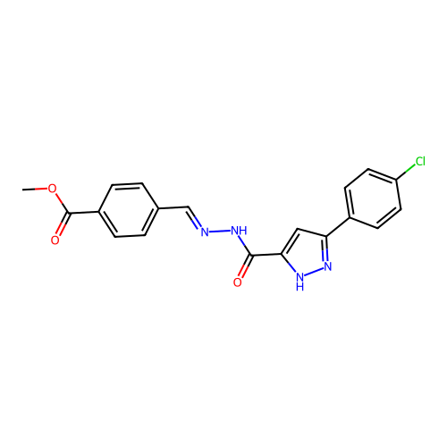 (E)-methyl 4-((2-(3-(4-chlorophenyl)-1H-pyrazole-5-carbonyl)hydrazono)methyl)benzoate structure