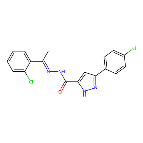 3-(4-chlorophenyl)-N'-[(1E)-1-(2-chlorophenyl)ethylidene]-1H-pyrazole-5-carbohydrazide structure