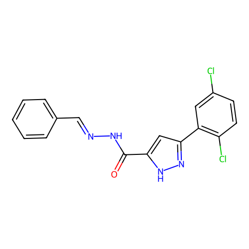 (E)-N'-benzylidene-3-(2,5-dichlorophenyl)-1H-pyrazole-5-carbohydrazide structure