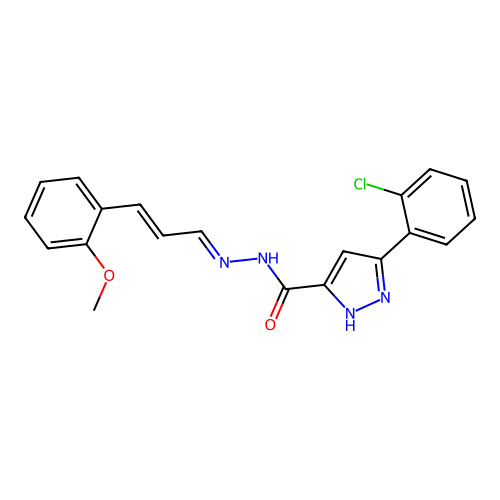 (E)-3-(2-chlorophenyl)-N'-((E)-3-(2-methoxyphenyl)allylidene)-1H-pyrazole-5-carbohydrazide structure