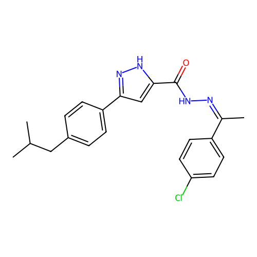 (Z)-N'-(1-(4-chlorophenyl)ethylidene)-3-(4-isobutylphenyl)-1H-pyrazole-5-carbohydrazide structure