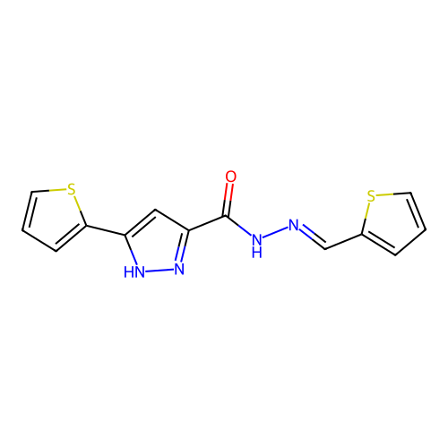 (E)-3-(thiophen-2-yl)-N'-(thiophen-2-ylmethylene)-1H-pyrazole-5-carbohydrazide structure