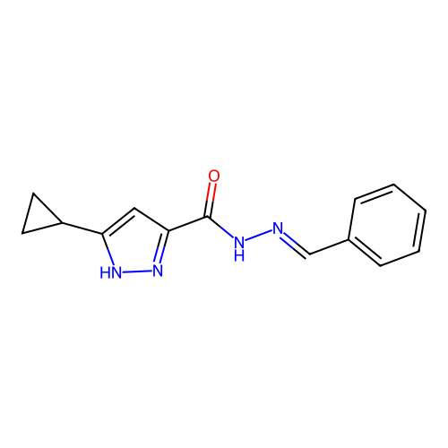 (E)-N'-benzylidene-3-cyclopropyl-1H-pyrazole-5-carbohydrazide structure