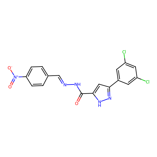 (E)-3-(3,5-dichlorophenyl)-N'-(4-nitrobenzylidene)-1H-pyrazole-5-carbohydrazide structure