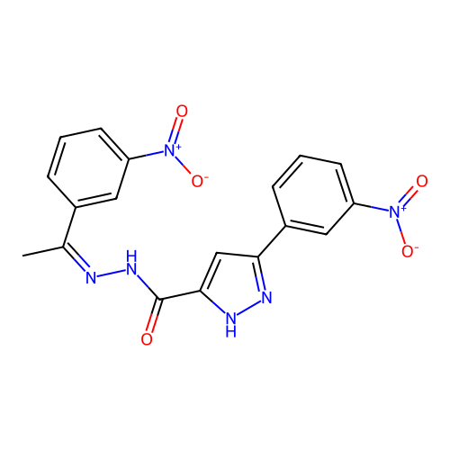 (Z)-3-(3-nitrophenyl)-N'-(1-(3-nitrophenyl)ethylidene)-1H-pyrazole-5-carbohydrazide structure