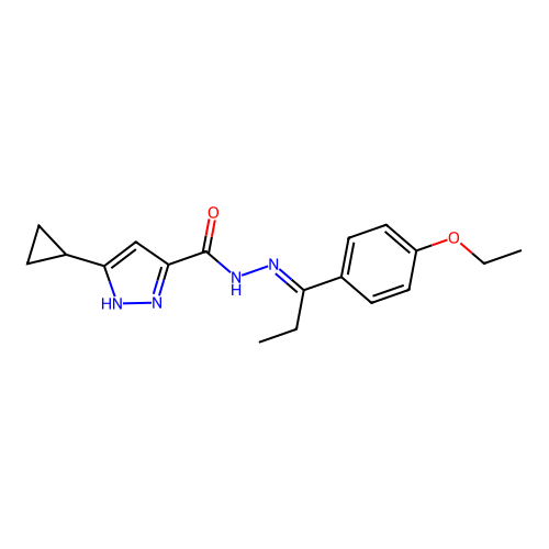 (E)-3-cyclopropyl-N'-(1-(4-ethoxyphenyl)propylidene)-1H-pyrazole-5-carbohydrazide structure