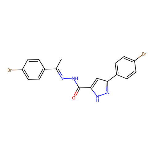 (E)-3-(4-bromophenyl)-N'-(1-(4-bromophenyl)ethylidene)-1H-pyrazole-5-carbohydrazide structure