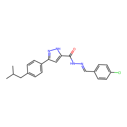 (E)-N'-(4-chlorobenzylidene)-3-(4-isobutylphenyl)-1H-pyrazole-5-carbohydrazide structure