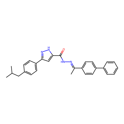 (E)-N'-(1-([1,1'-biphenyl]-4-yl)ethylidene)-3-(4-isobutylphenyl)-1H-pyrazole-5-carbohydrazide structure
