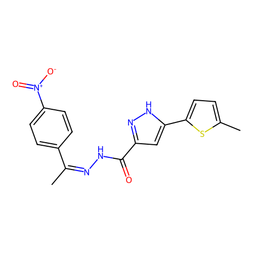 (Z)-3-(5-methylthiophen-2-yl)-N'-(1-(4-nitrophenyl)ethylidene)-1H-pyrazole-5-carbohydrazide structure