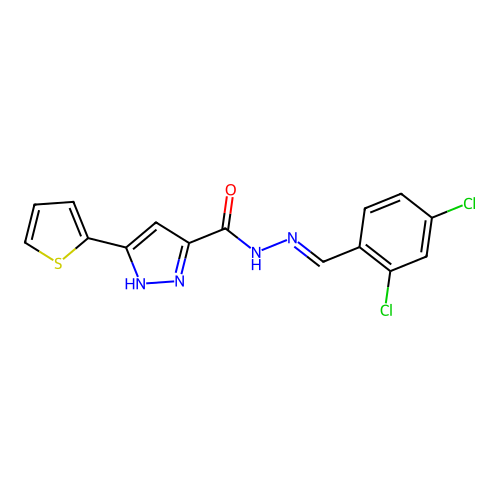 (E)-N'-(2,4-dichlorobenzylidene)-3-(thiophen-2-yl)-1H-pyrazole-5-carbohydrazide structure