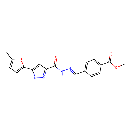 (E)-methyl 4-((2-(3-(5-methylfuran-2-yl)-1H-pyrazole-5-carbonyl)hydrazono)methyl)benzoate structure