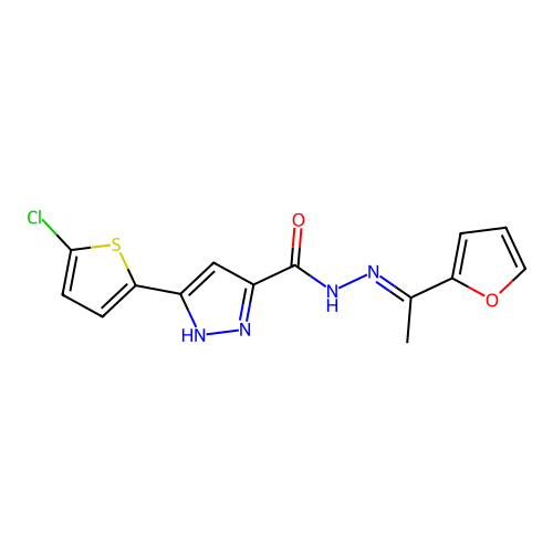 (E)-3-(5-chlorothiophen-2-yl)-N'-(1-(furan-2-yl)ethylidene)-1H-pyrazole-5-carbohydrazide structure