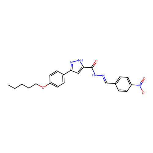 (E)-N'-(4-nitrobenzylidene)-3-(4-(pentyloxy)phenyl)-1H-pyrazole-5-carbohydrazide structure