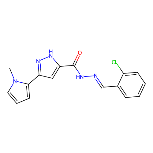 (E)-N'-(2-chlorobenzylidene)-3-(1-methyl-1H-pyrrol-2-yl)-1H-pyrazole-5-carbohydrazide structure