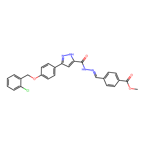 (E)-methyl 4-((2-(3-(4-((2-chlorobenzyl)oxy)phenyl)-1H-pyrazole-5-carbonyl)hydrazono)methyl)benzoate structure
