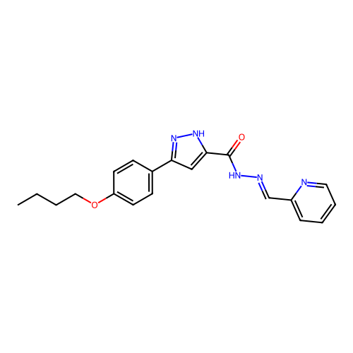 (E)-3-(4-butoxyphenyl)-N'-(pyridin-2-ylmethylene)-1H-pyrazole-5-carbohydrazide structure