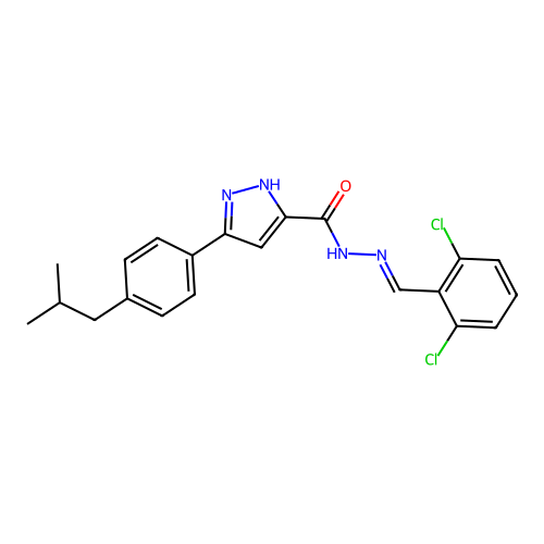 (E)-N'-(2,6-dichlorobenzylidene)-3-(4-isobutylphenyl)-1H-pyrazole-5-carbohydrazide structure