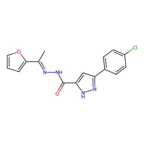 (E)-3-(4-chlorophenyl)-N'-(1-(furan-2-yl)ethylidene)-1H-pyrazole-5-carbohydrazide structure