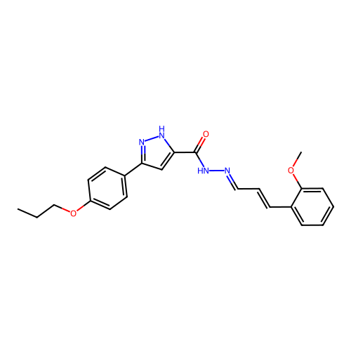 N'-[(1E,2E)-3-(2-methoxyphenyl)prop-2-en-1-ylidene]-3-(4-propoxyphenyl)-1H-pyrazole-5-carbohydrazide structure