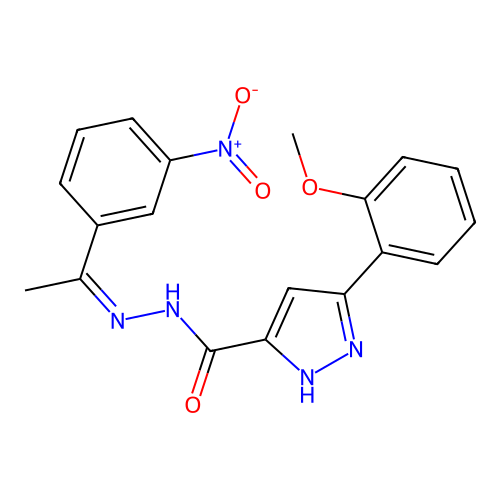 (Z)-3-(2-methoxyphenyl)-N'-(1-(3-nitrophenyl)ethylidene)-1H-pyrazole-5-carbohydrazide structure