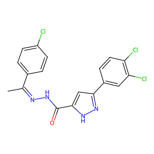(Z)-N'-(1-(4-chlorophenyl)ethylidene)-3-(3,4-dichlorophenyl)-1H-pyrazole-5-carbohydrazide structure