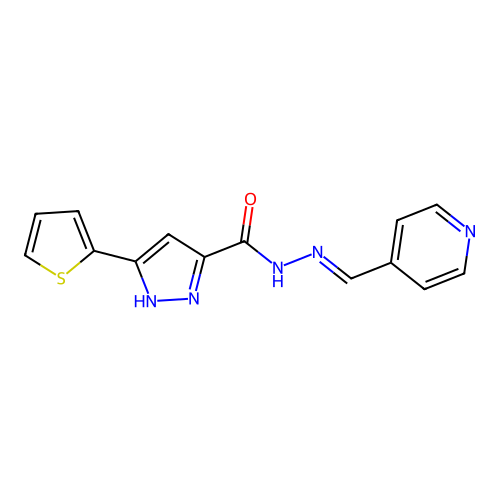 (E)-N'-(pyridin-4-ylmethylene)-3-(thiophen-2-yl)-1H-pyrazole-5-carbohydrazide structure