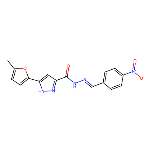 (E)-3-(5-methylfuran-2-yl)-N'-(4-nitrobenzylidene)-1H-pyrazole-5-carbohydrazide structure