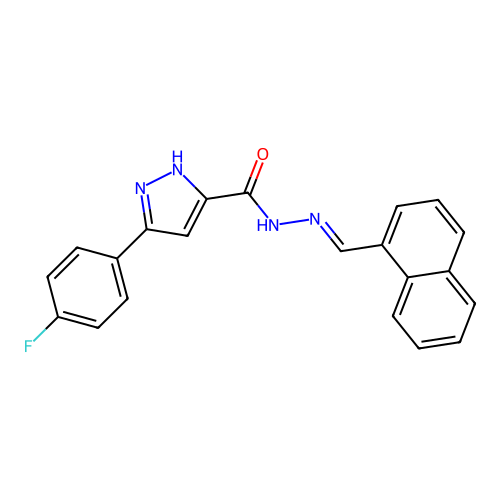 (E)-3-(4-fluorophenyl)-N'-(naphthalen-1-ylmethylene)-1H-pyrazole-5-carbohydrazide structure