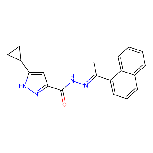 (E)-3-cyclopropyl-N'-(1-(naphthalen-1-yl)ethylidene)-1H-pyrazole-5-carbohydrazide structure