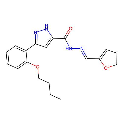 (E)-3-(2-butoxyphenyl)-N'-(furan-2-ylmethylene)-1H-pyrazole-5-carbohydrazide structure