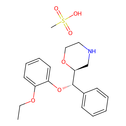 (2S)-2-[(S)-(2-ethoxyphenoxy)-phenylmethyl]morpholine;methanesulfonic acid structure