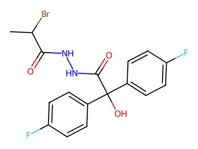 Benzeneacetic acid, 4-fluoro-alpha-(4-fluorophenyl)-alpha-hydroxy-, 2-(2-bromo-1-oxopropyl)hydrazide structure