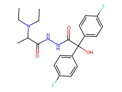 Benzeneacetic acid, 4-fluoro-alpha-(4-fluorophenyl)-alpha-hydroxy-, 2-(2-(diethylamino-1-oxopropyl)hydrazide structure