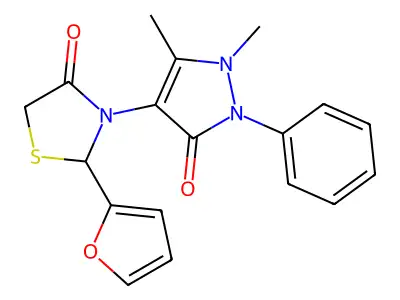 3-(1,5-Dimethyl-3-oxo-2-phenylpyrazol-4-yl)-2-(furan-2-yl)-1,3-thiazolidin-4-one structure