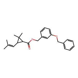 Cyclopropanecarboxylic acid, 2,2-dimethyl-3-(2-methyl-1-propenyl)-, (3-(phenylmethoxy)phenyl)methyl ester, (1R-trans)- structure